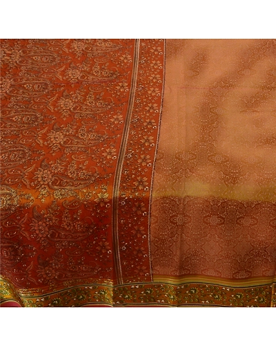 Sanskriti Vintage Orange Sarees Art Silk Indian Sari Printed Craft 5 Yard Fabric, PR-44549-Orange-Art Silk-2