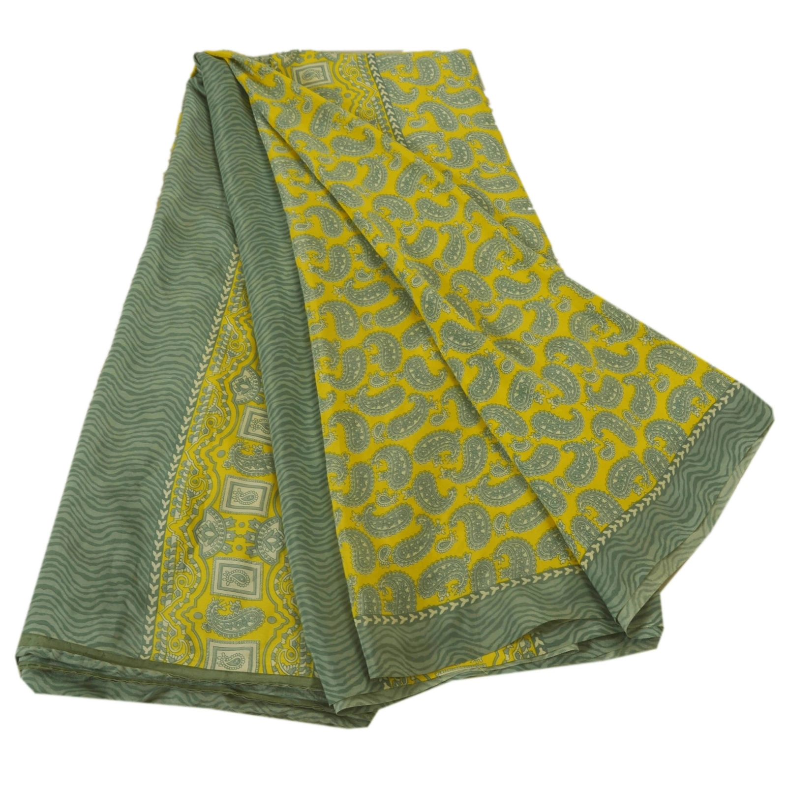 Sanskriti Vintage Yellow Sarees Art Silk Printed Indian Sari Craft 5 Yard Fabric, PR-44565-Yellow-Art Silk-1