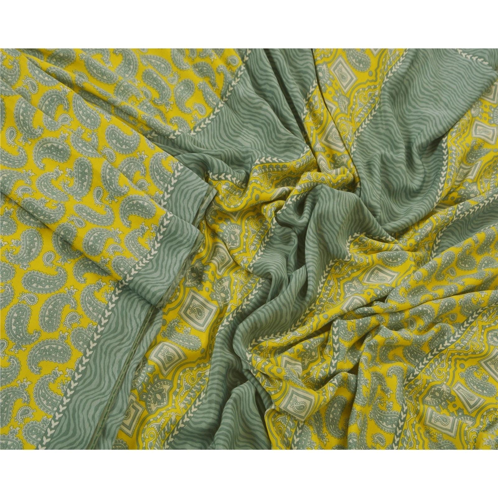 Sanskriti Vintage Yellow Sarees Art Silk Printed Indian Sari Craft 5 Yard Fabric, PR-44565-Yellow-Art Silk-3