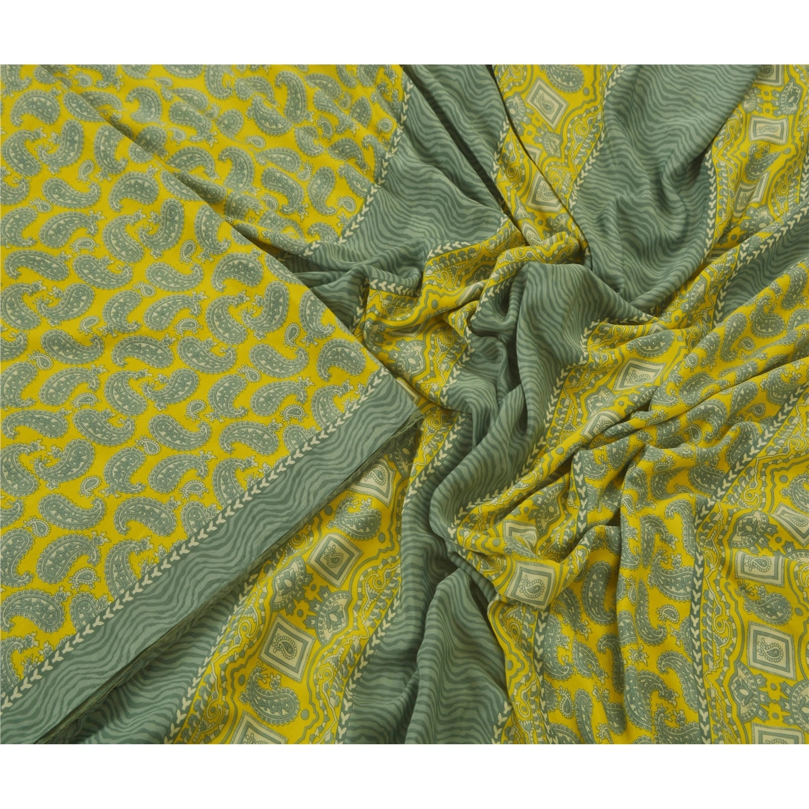 Sanskriti Vintage Yellow Sarees Art Silk Printed Indian Sari Craft 5 Yard Fabric, PR-44565-Yellow-Art Silk-4