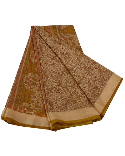 Sanskriti Vintage Cream Sarees Art Silk Floral Printed Craft Fabric 5 Yard Sari, PR-44644-Cream-Art Silk-1