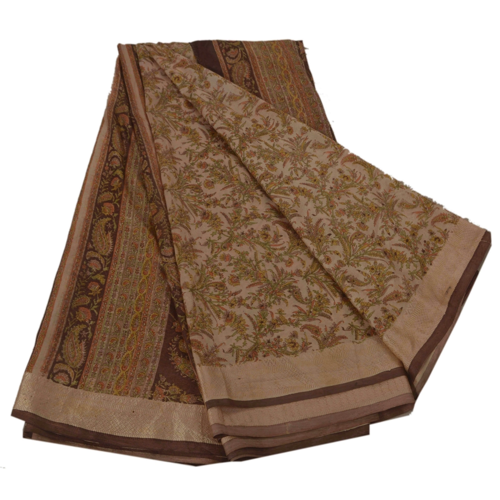 Sanskriti Vintage Cream Sarees Art Silk Floral Printed Craft Fabric 5 Yard Sari, PR-44992-Cream-Art Silk-1