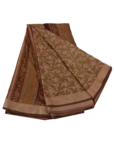 Sanskriti Vintage Cream Sarees Art Silk Floral Printed Craft Fabric 5 Yard Sari, PR-44992-Cream-Art Silk-1