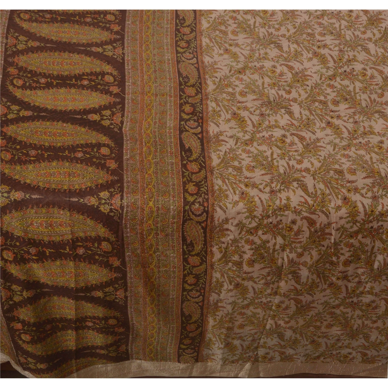 Sanskriti Vintage Cream Sarees Art Silk Floral Printed Craft Fabric 5 Yard Sari, PR-44992-Cream-Art Silk-2