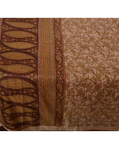 Sanskriti Vintage Cream Sarees Art Silk Floral Printed Craft Fabric 5 Yard Sari, PR-44992-Cream-Art Silk-2