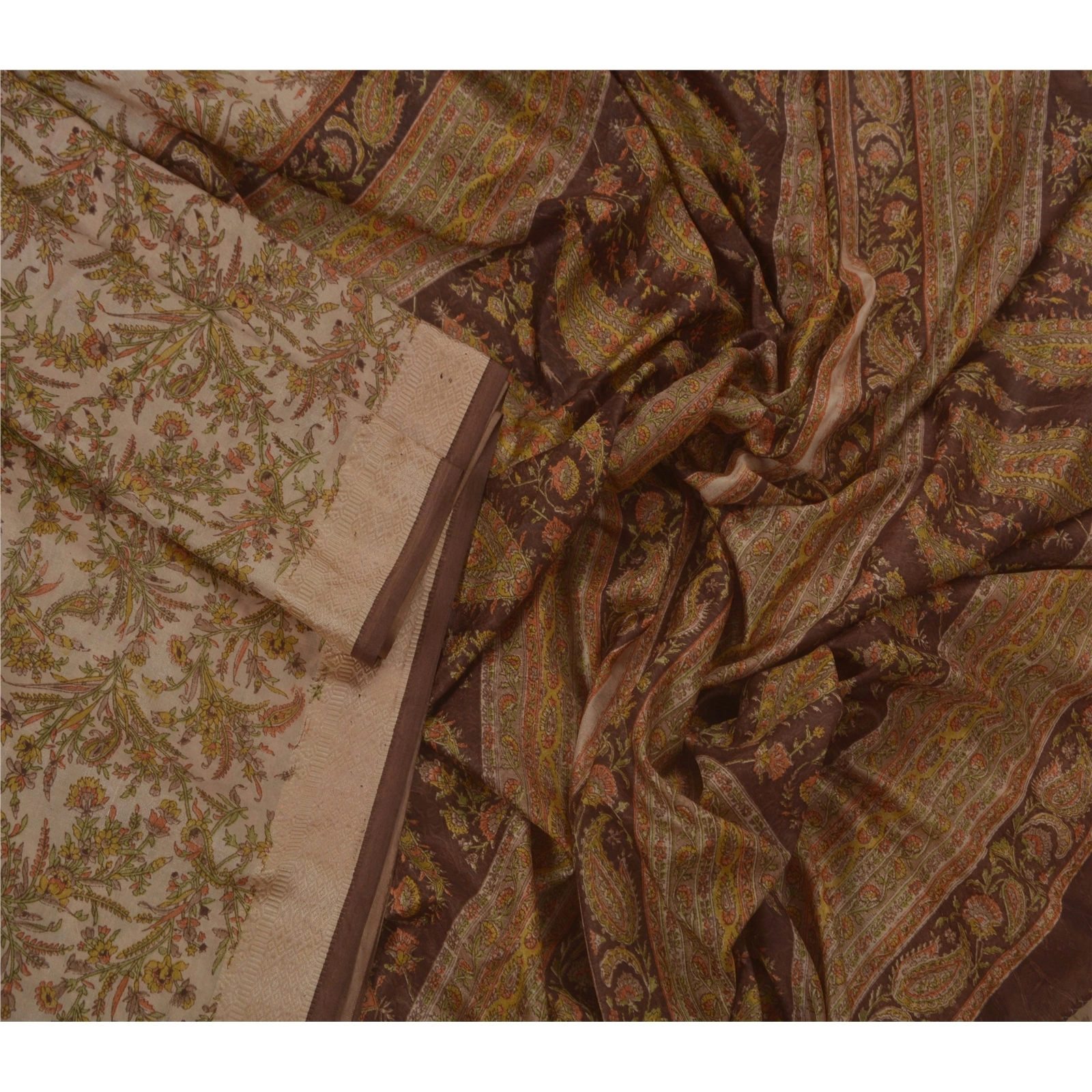 Sanskriti Vintage Cream Sarees Art Silk Floral Printed Craft Fabric 5 Yard Sari, PR-44992-Cream-Art Silk-3