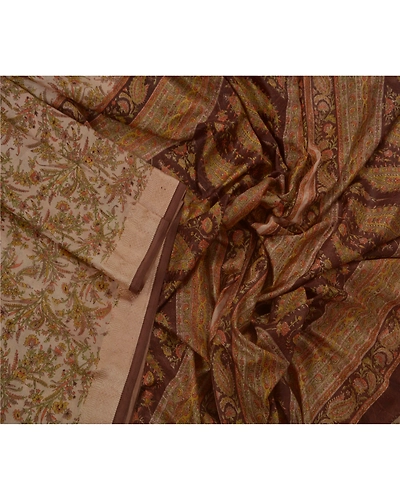 Sanskriti Vintage Cream Sarees Art Silk Floral Printed Craft Fabric 5 Yard Sari, PR-44992-Cream-Art Silk-3
