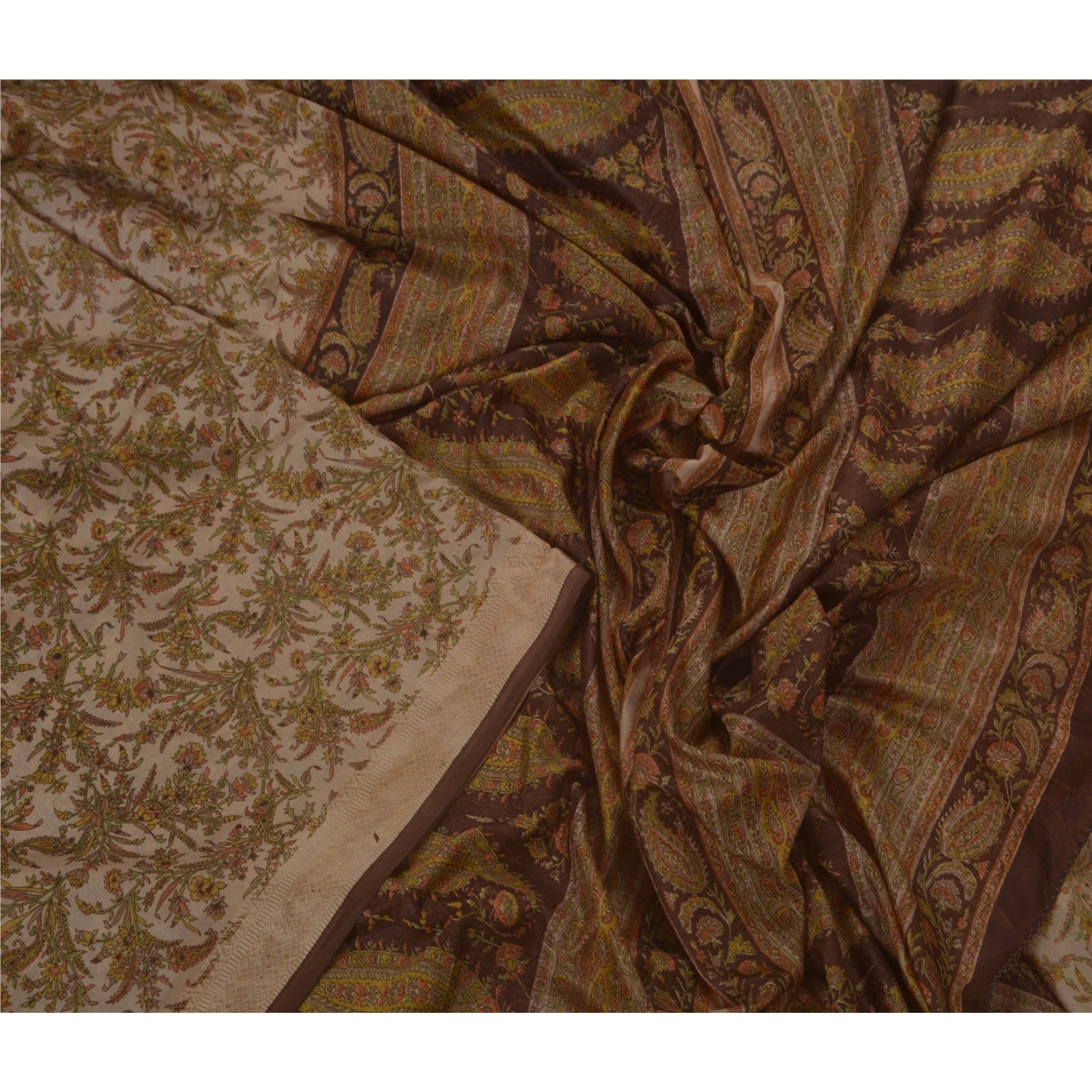 Sanskriti Vintage Cream Sarees Art Silk Floral Printed Craft Fabric 5 Yard Sari, PR-44992-Cream-Art Silk-4