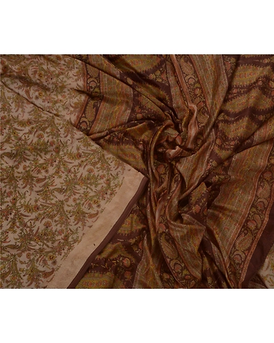 Sanskriti Vintage Cream Sarees Art Silk Floral Printed Craft Fabric 5 Yard Sari, PR-44992-Cream-Art Silk-4