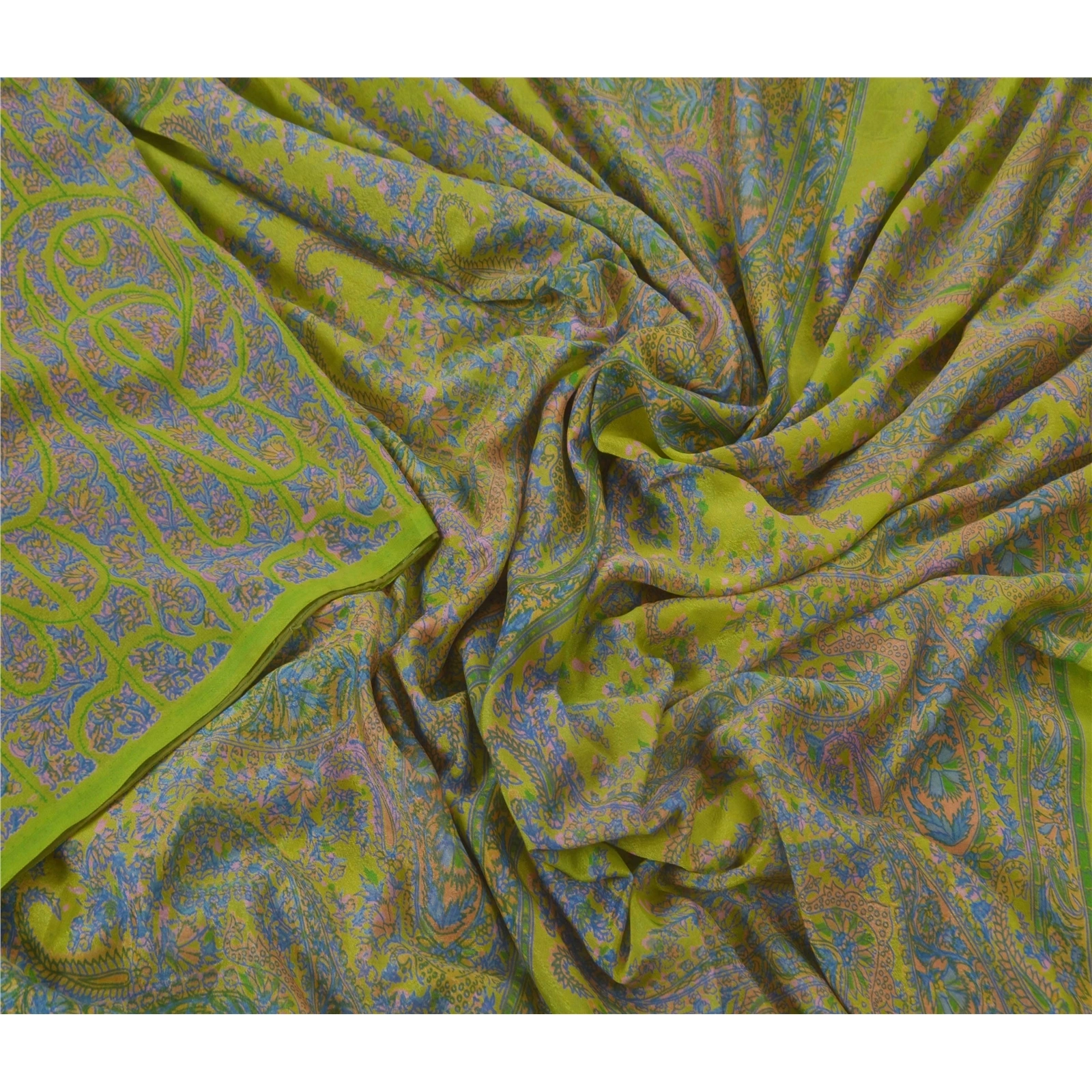 Sanskriti Vintage Green Sarees Art Silk Printed Indian Sari Craft 5 Yard Fabric, PR-45595-Green-Art Silk-1