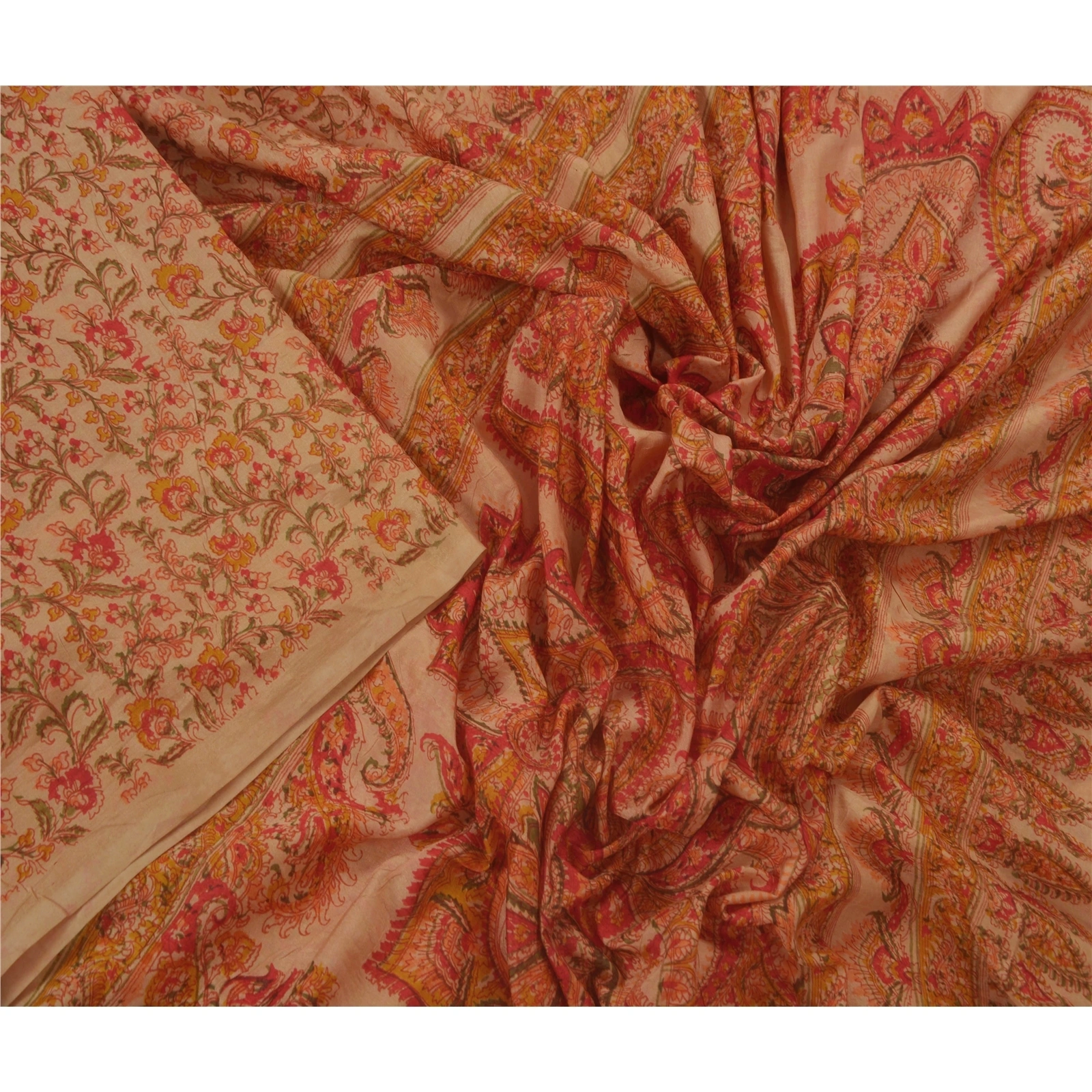 Sanskriti Vintage Peach Saree Art Silk Floral Printed Craft Fabric 5 Yard Sari, PR-45612-Peach-Art Silk-1