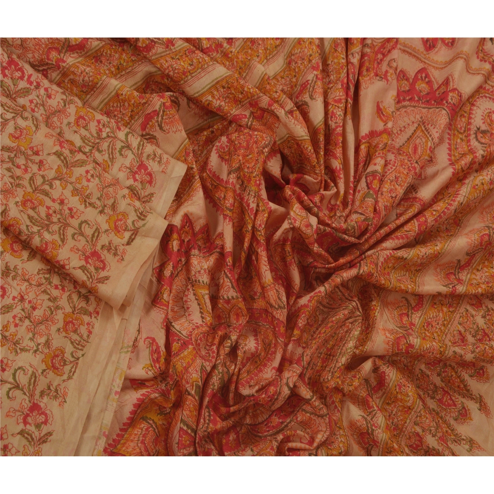 Sanskriti Vintage Peach Saree Art Silk Floral Printed Craft Fabric 5 Yard Sari, PR-45612-Peach-Art Silk-2