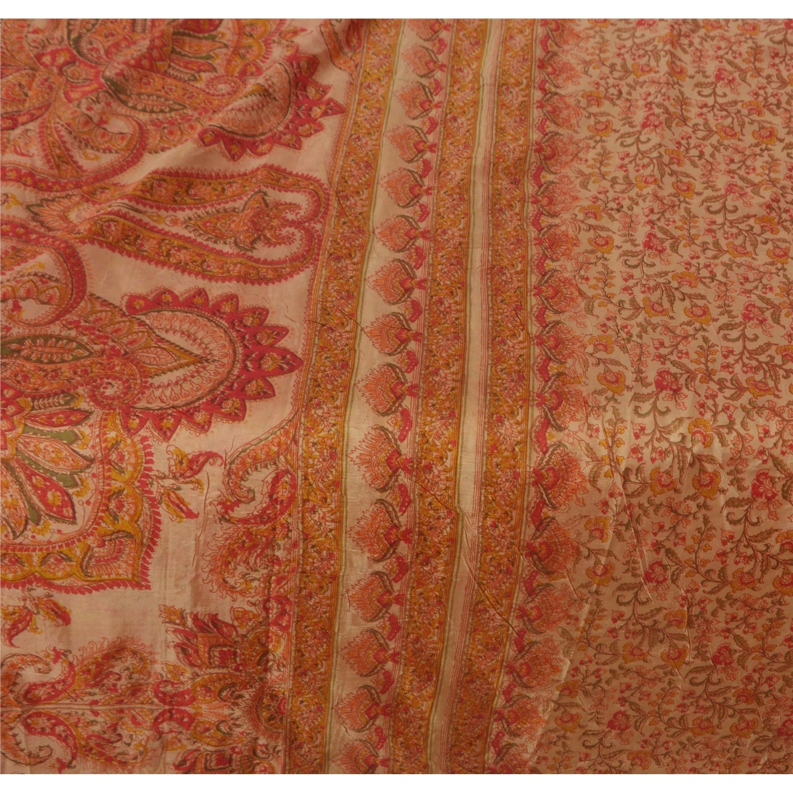 Sanskriti Vintage Peach Saree Art Silk Floral Printed Craft Fabric 5 Yard Sari, PR-45612-Peach-Art Silk-3