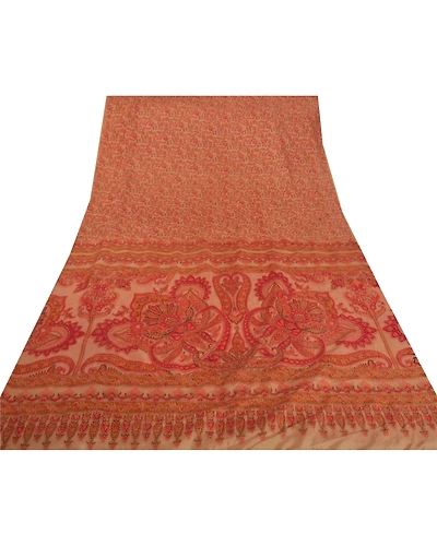 Sanskriti Vintage Peach Saree Art Silk Floral Printed Craft Fabric 5 Yard Sari, PR-45612-Peach-Art Silk-6