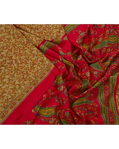 Sanskriti Vintage Cream Sarees Art Silk Floral Printed Craft Fabric 5 Yard Sari, PR-45654-Cream-Art Silk-1