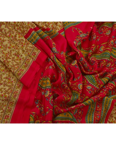 Sanskriti Vintage Cream Sarees Art Silk Floral Printed Craft Fabric 5 Yard Sari, PR-45654-Cream-Art Silk-2