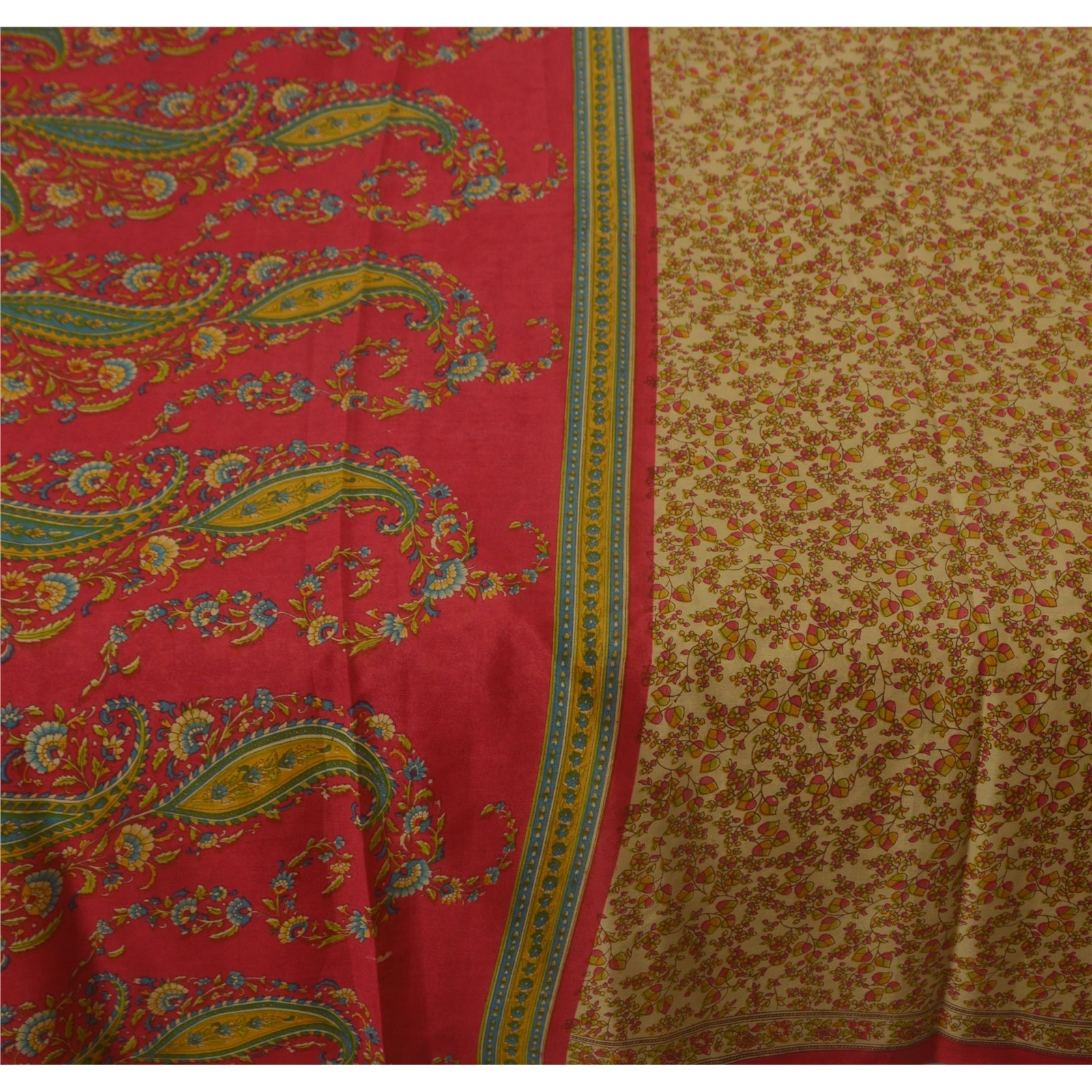 Sanskriti Vintage Cream Sarees Art Silk Floral Printed Craft Fabric 5 Yard Sari, PR-45654-Cream-Art Silk-3