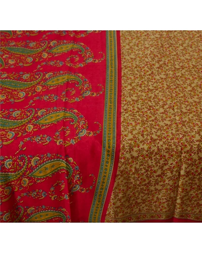 Sanskriti Vintage Cream Sarees Art Silk Floral Printed Craft Fabric 5 Yard Sari, PR-45654-Cream-Art Silk-3