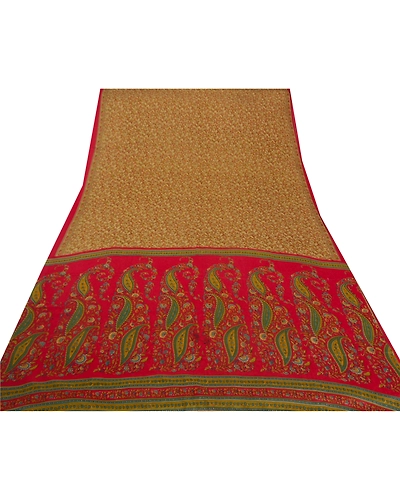 Sanskriti Vintage Cream Sarees Art Silk Floral Printed Craft Fabric 5 Yard Sari, PR-45654-Cream-Art Silk-6