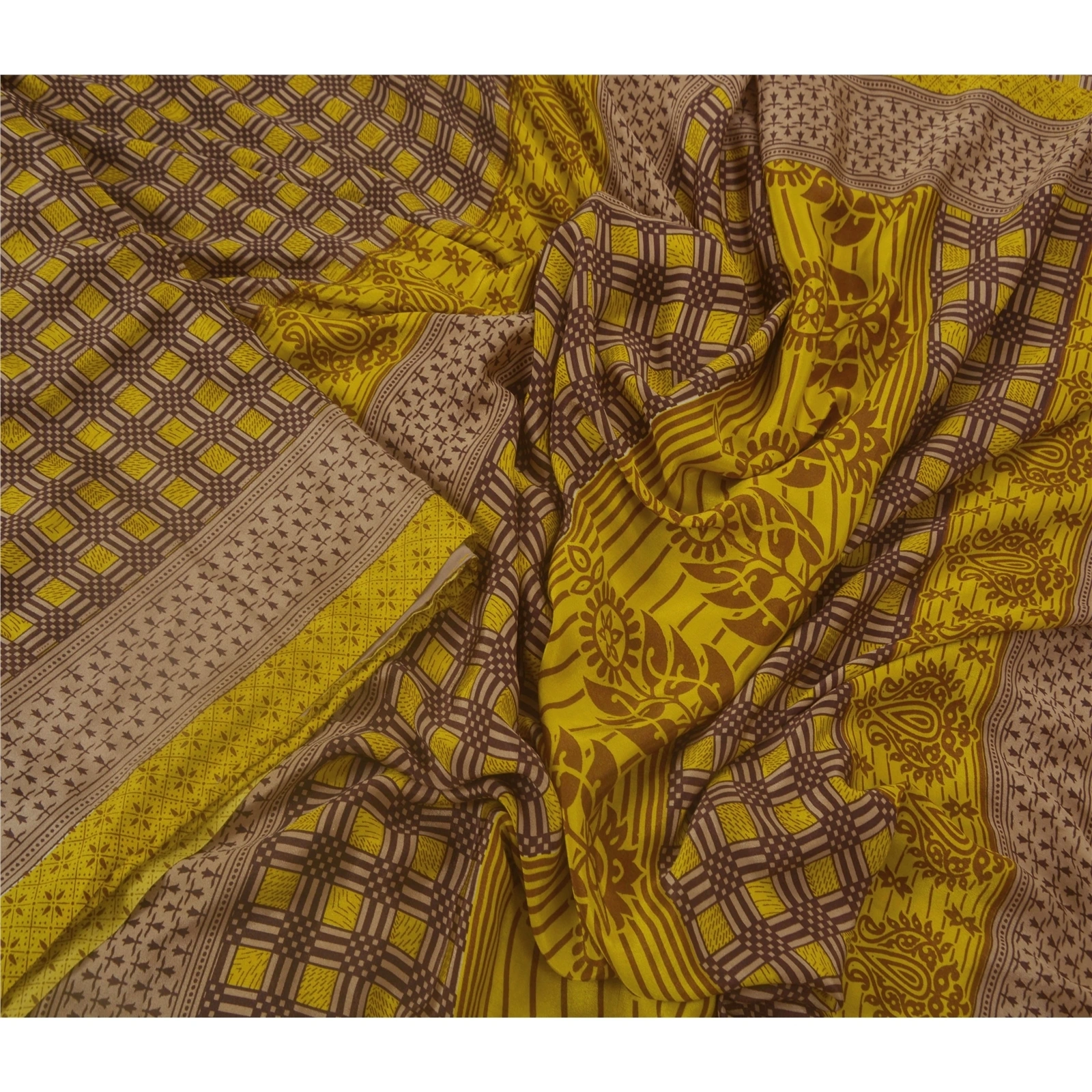 Sanskriti Vintage Yellow Sarees Art Silk Floral Printed Craft Fabric 5 Yard Sari, PR-45666-Yellow-Art Silk-1