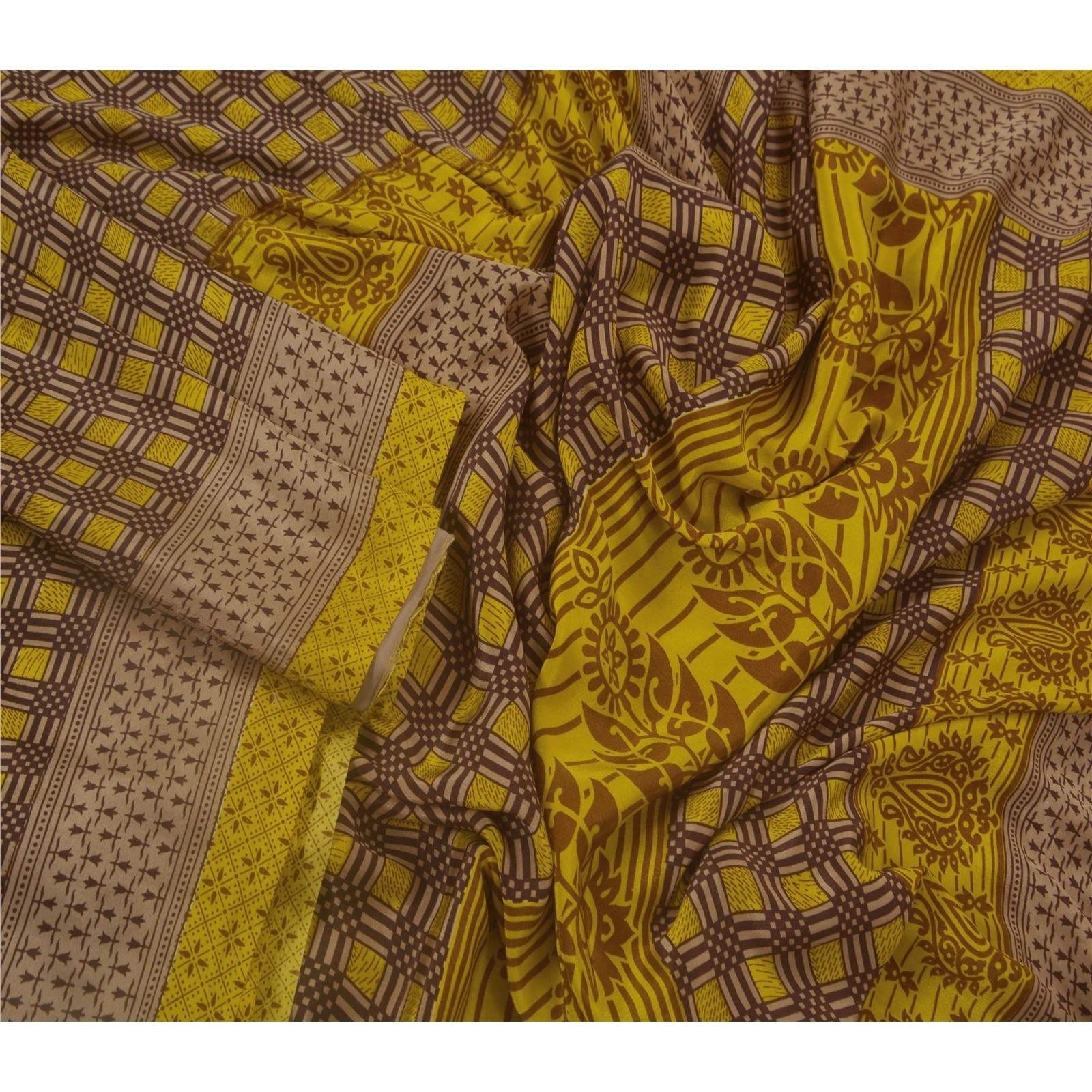 Sanskriti Vintage Yellow Sarees Art Silk Floral Printed Craft Fabric 5 Yard Sari, PR-45666-Yellow-Art Silk-2