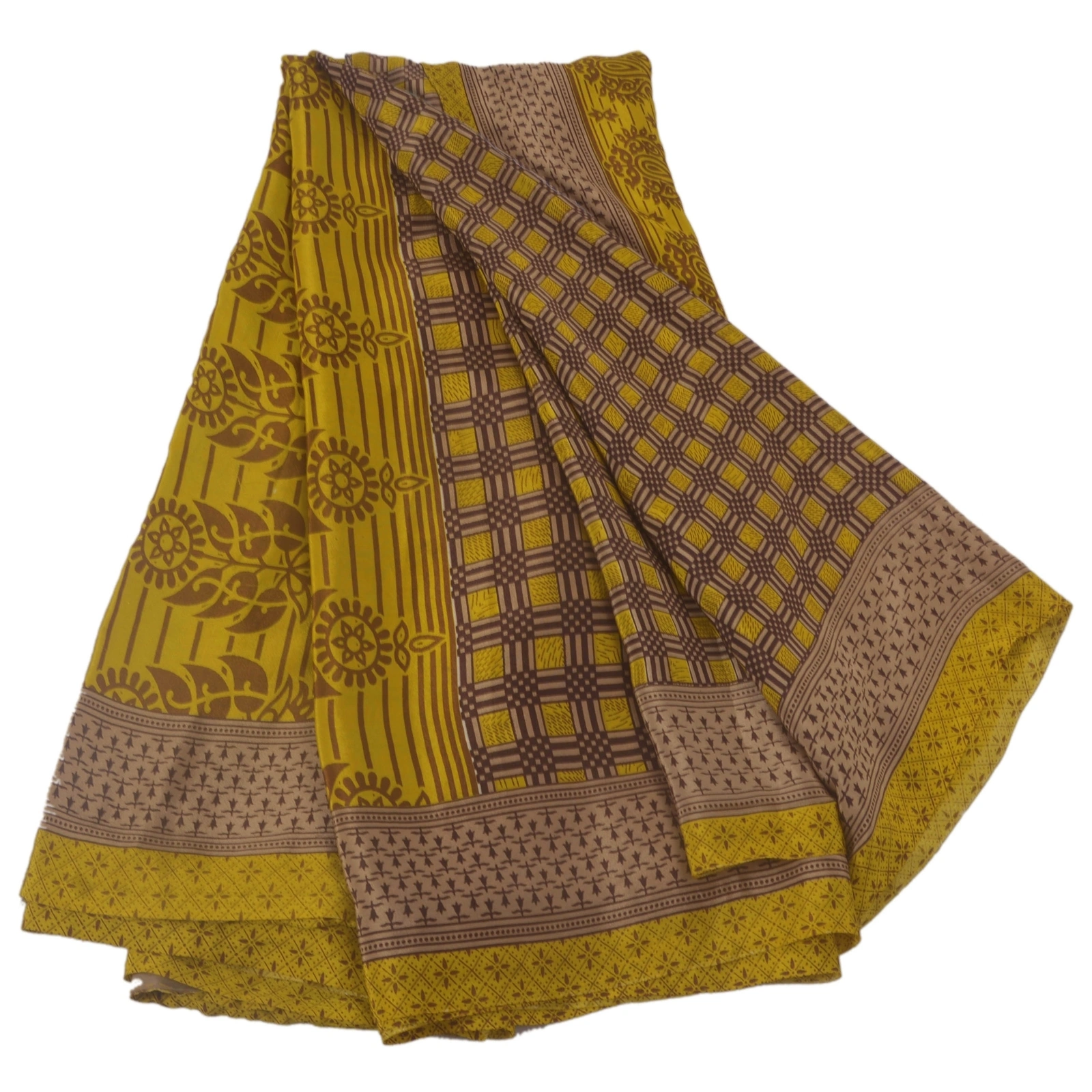 Sanskriti Vintage Yellow Sarees Art Silk Floral Printed Craft Fabric 5 Yard Sari, PR-45666-Yellow-Art Silk-5