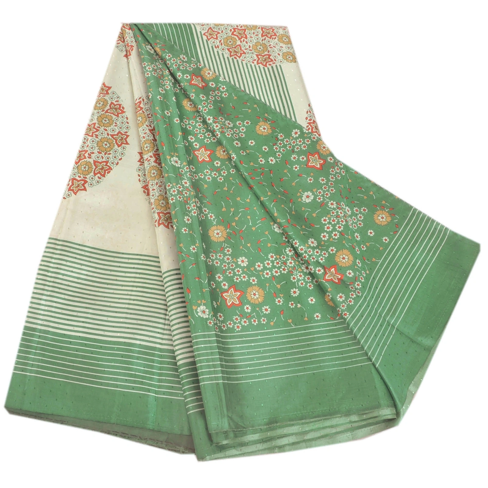 Sanskriti Vintage Green Sarees Art Silk Printed Sari Craft 5 Yard Soft Fabric, PR-46285-Green-Art Silk-1