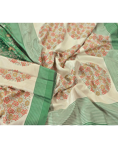 Sanskriti Vintage Green Sarees Art Silk Printed Sari Craft 5 Yard Soft Fabric, PR-46285-Green-Art Silk-4