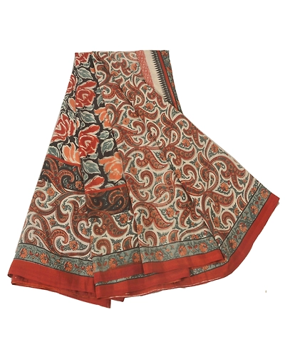Sanskriti Vintage Cream Sarees Art Silk Floral Printed Craft Fabric 5 Yard Sari, PR-47176-Cream-Art Silk-5