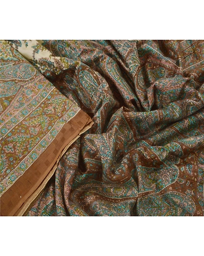 Sanskriti Vintage Brown Saree Blend Silk Printed Sari Craft 5 Yard Floral Fabric, PR-47265-Brown-Blend Silk-1