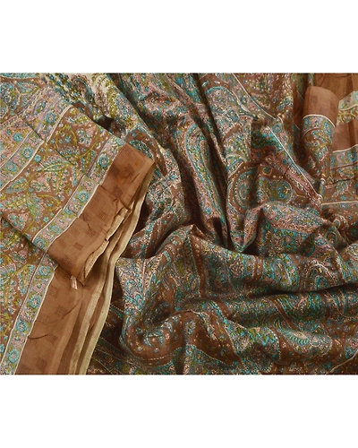 Sanskriti Vintage Brown Saree Blend Silk Printed Sari Craft 5 Yard Floral Fabric, PR-47265-Brown-Blend Silk-2