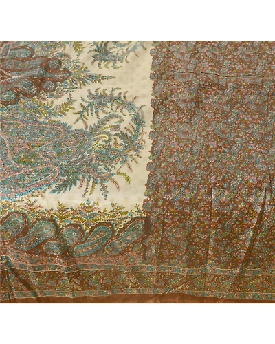 Sanskriti Vintage Brown Saree Blend Silk Printed Sari Craft 5 Yard Floral Fabric, PR-47265-Brown-Blend Silk-3