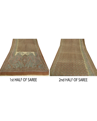 Sanskriti Vintage Brown Saree Blend Silk Printed Sari Craft 5 Yard Floral Fabric, PR-47265-Brown-Blend Silk-4