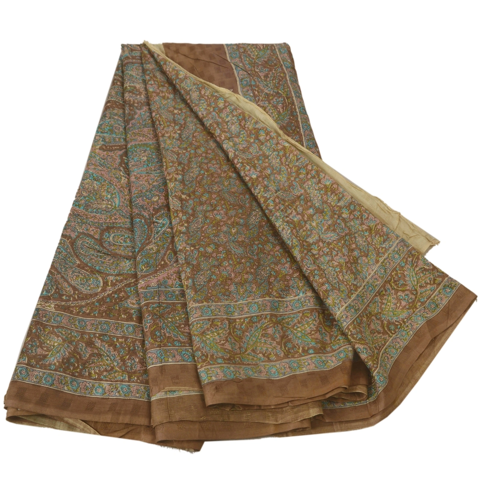 Sanskriti Vintage Brown Saree Blend Silk Printed Sari Craft 5 Yard Floral Fabric, PR-47265-Brown-Blend Silk-5