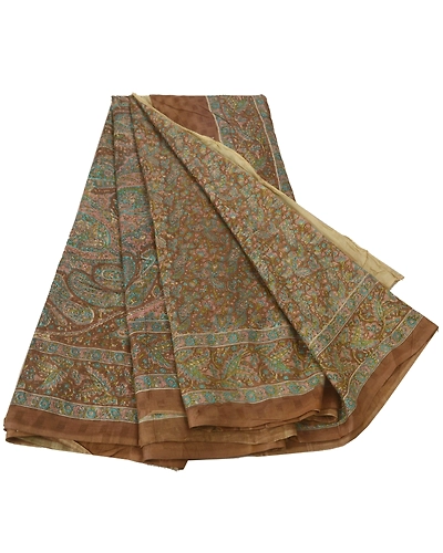 Sanskriti Vintage Brown Saree Blend Silk Printed Sari Craft 5 Yard Floral Fabric, PR-47265-Brown-Blend Silk-5
