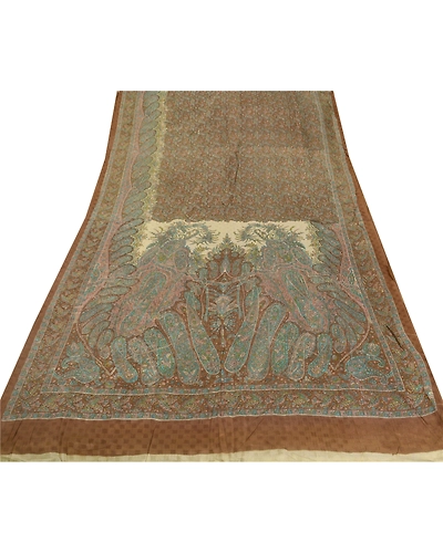 Sanskriti Vintage Brown Saree Blend Silk Printed Sari Craft 5 Yard Floral Fabric, PR-47265-Brown-Blend Silk-6