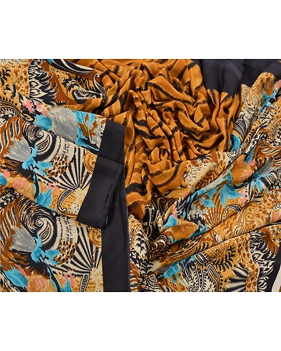Sanskriti Vintage Saffron Sarees Art Silk Printed Sari Craft 5 Yard Fabric, PR-47752-Saffron-Art Silk-2