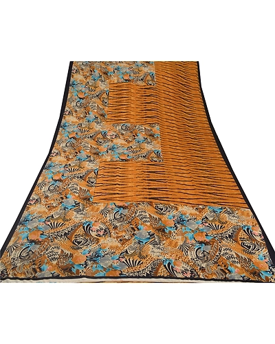 Sanskriti Vintage Saffron Sarees Art Silk Printed Sari Craft 5 Yard Fabric, PR-47752-Saffron-Art Silk-6