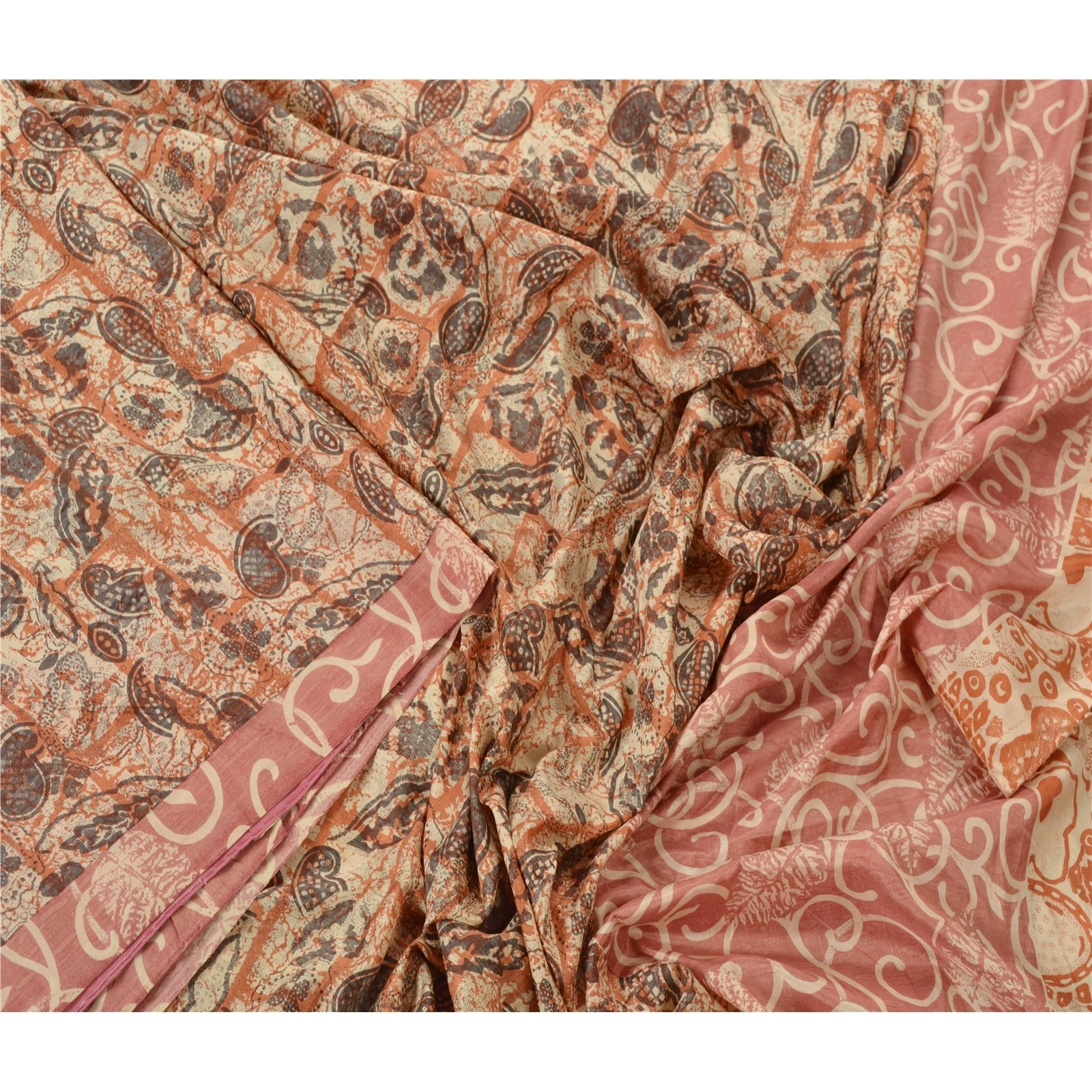 Sanskriti Vintage Cream Sarees Art Silk Floral Printed Craft Fabric 5 Yard Sari, PR-47766-Cream-Art Silk-1