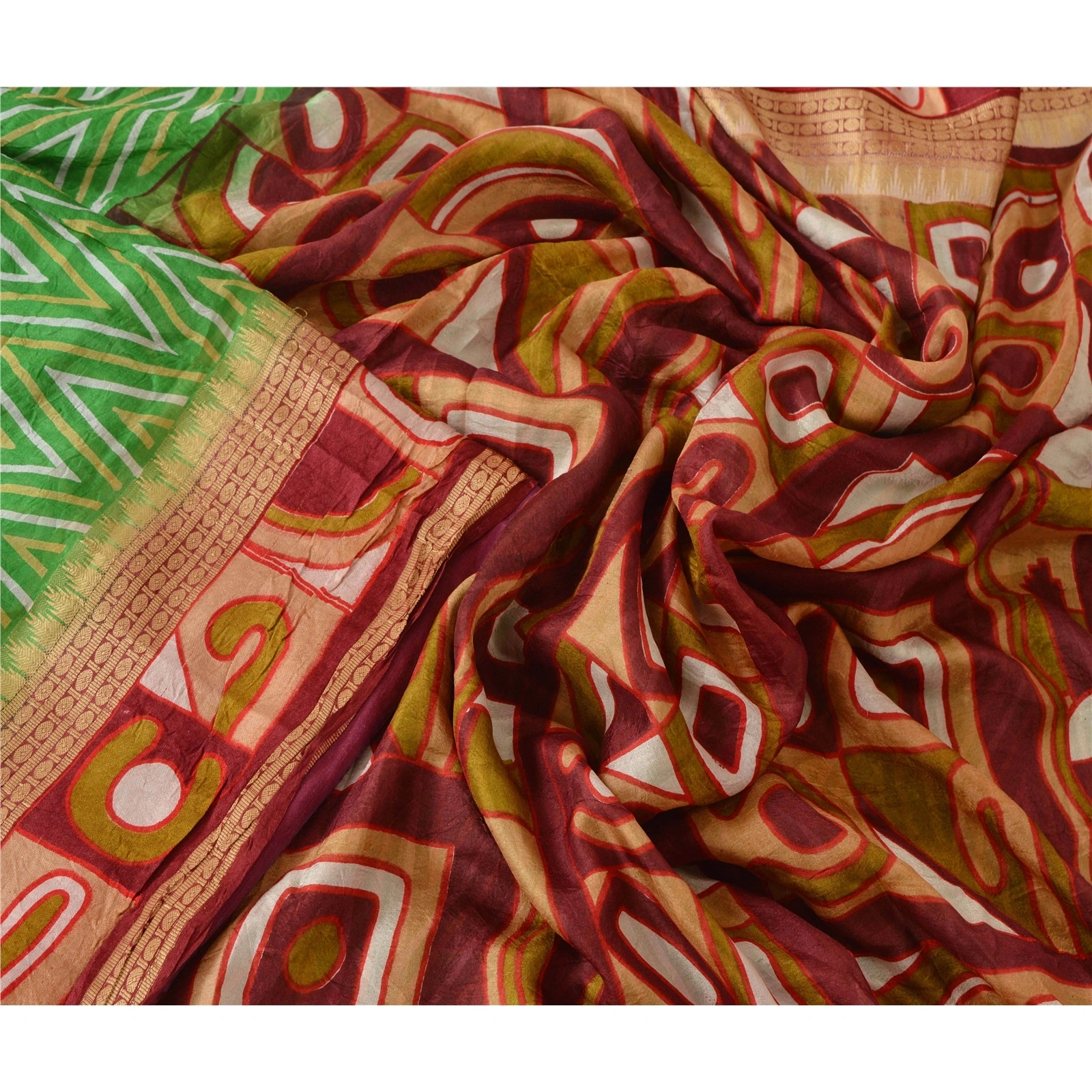 Sanskriti Vintage Green Sarees 100% Pure Silk Floral Printed Sari Craft Fabric, PR-47802-Green-100% Pure Silk-1