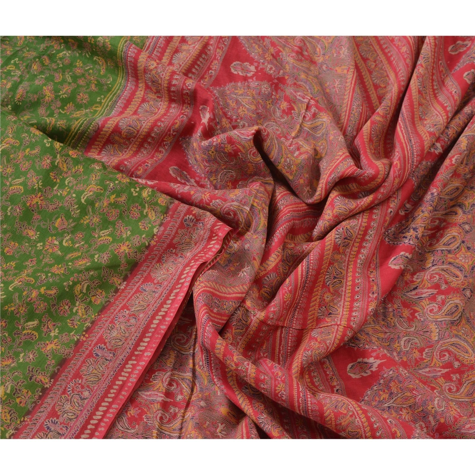 Sanskriti Vintage Green Sarees Blend Silk Printed Sari Craft 5 Yard Decor Fabric, PR-48024-Green-Blend Silk-1