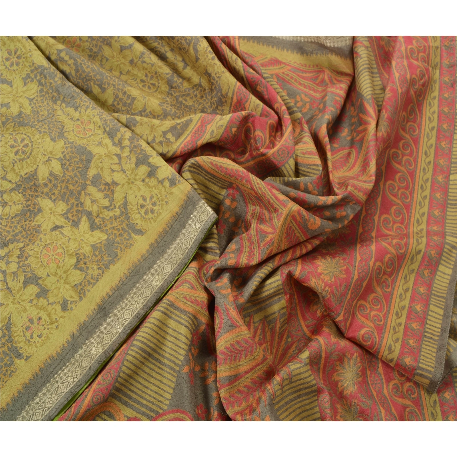 Sanskriti Vintage Grey Indian Sari Art Silk Floral Printed Craft Fabric Sarees, PR-48238-Grey-Art Silk-1