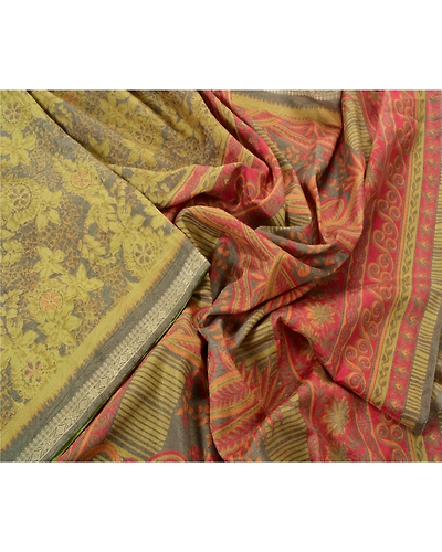 Sanskriti Vintage Grey Indian Sari Art Silk Floral Printed Craft Fabric Sarees, PR-48238-Grey-Art Silk-1