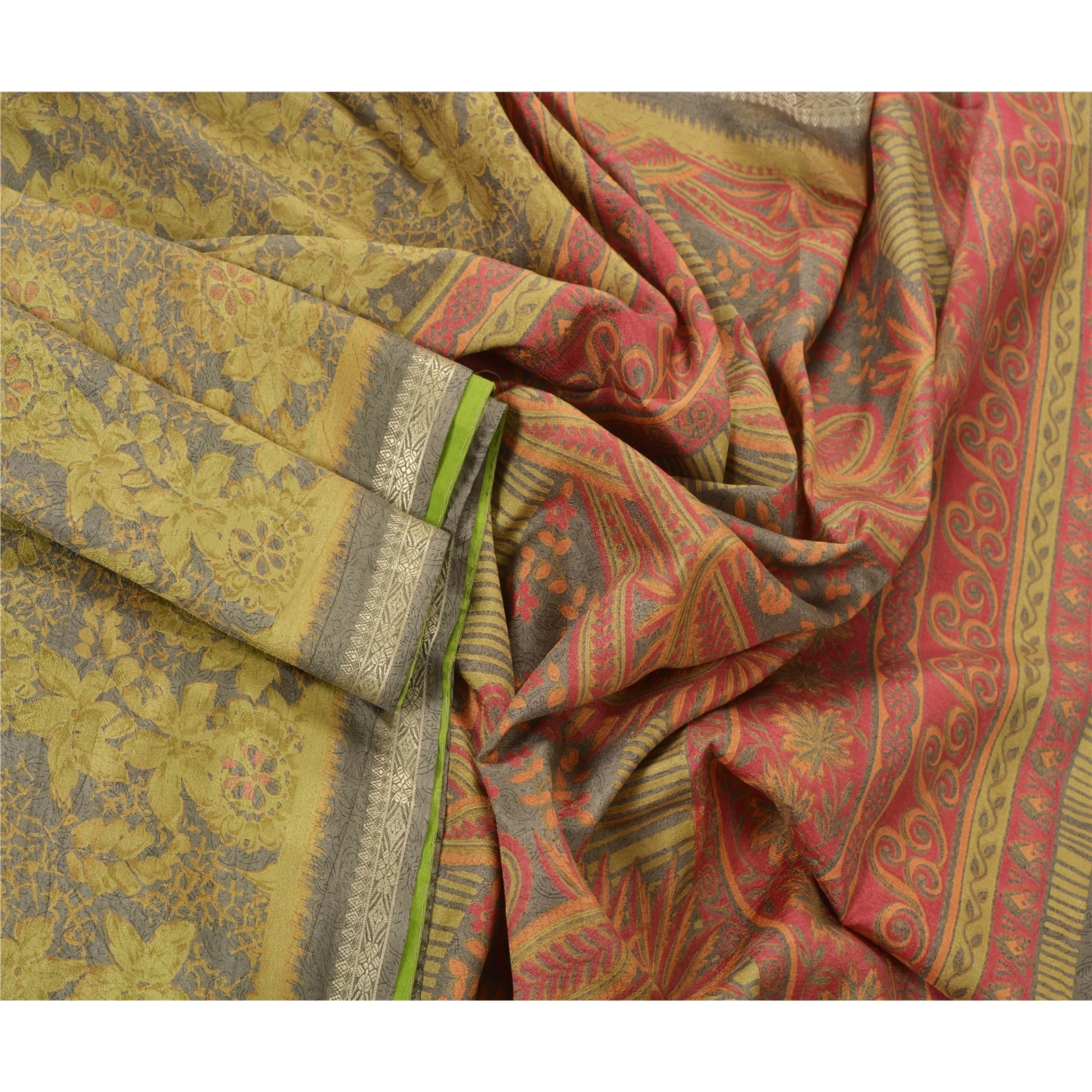 Sanskriti Vintage Grey Indian Sari Art Silk Floral Printed Craft Fabric Sarees, PR-48238-Grey-Art Silk-2