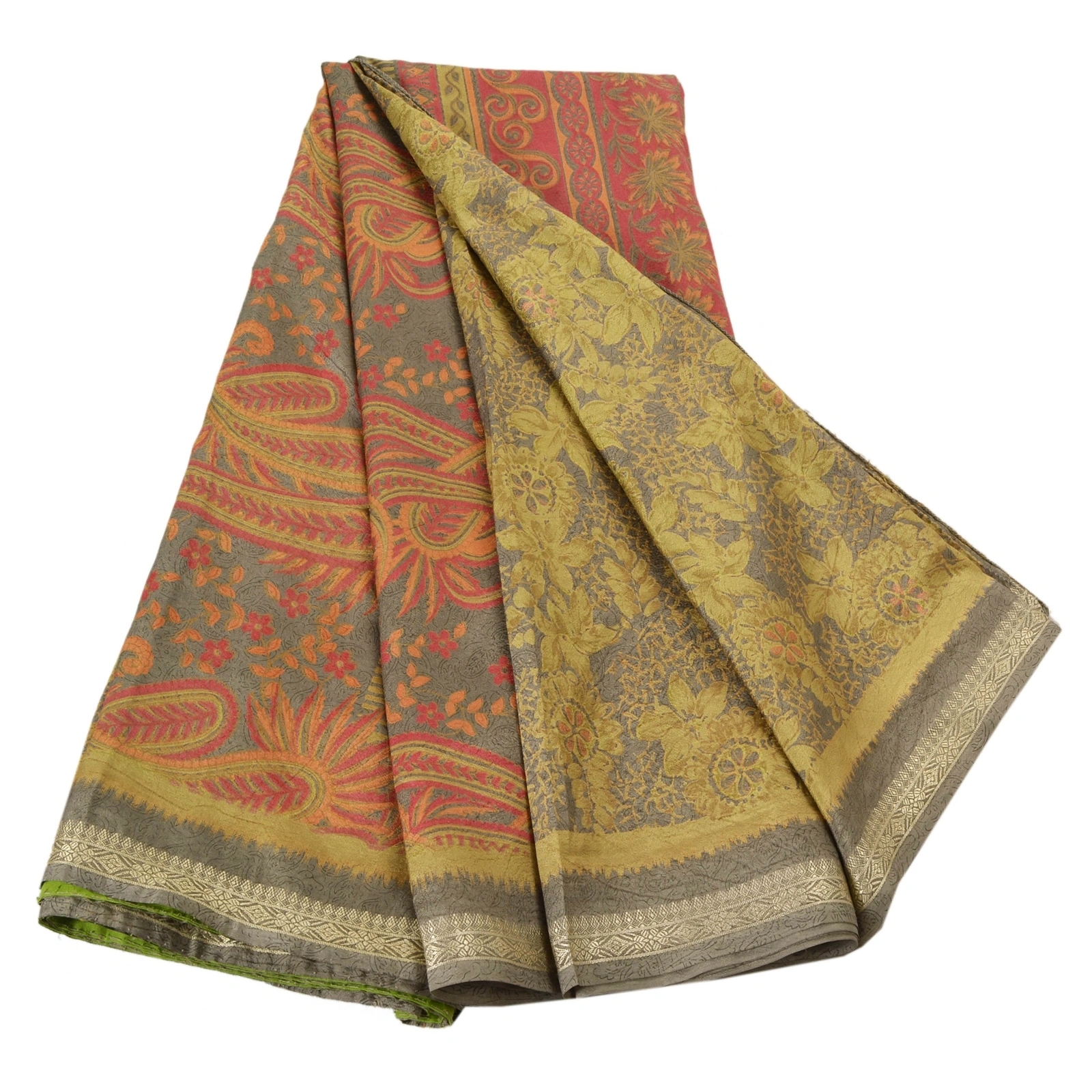 Sanskriti Vintage Grey Indian Sari Art Silk Floral Printed Craft Fabric Sarees, PR-48238-Grey-Art Silk-5