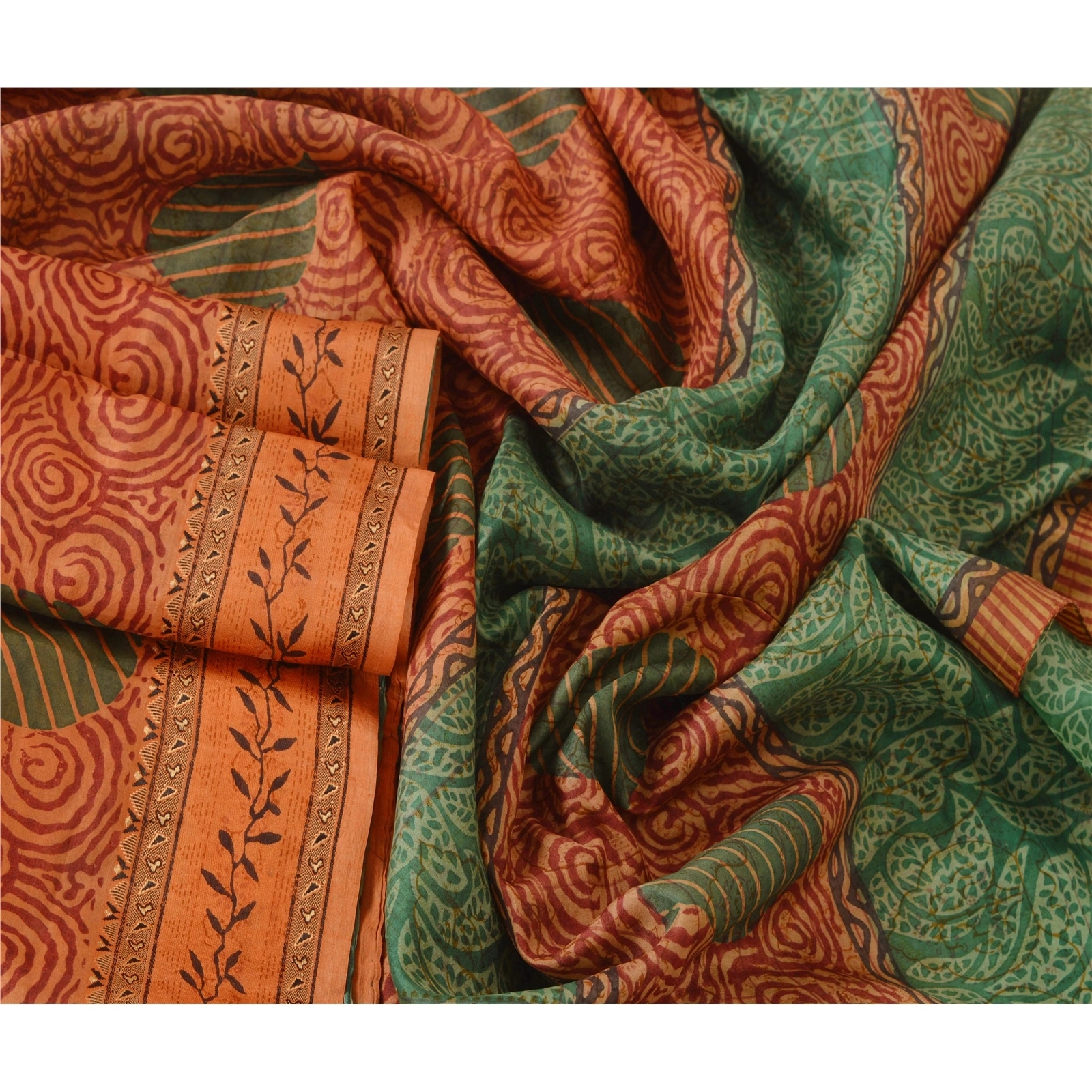 Sanskriti Vintage Green Sarees 100% Pure Silk Printed Sari Craft 5 Yard Fabric, PR-48504-Green-100% Pure Silk-2