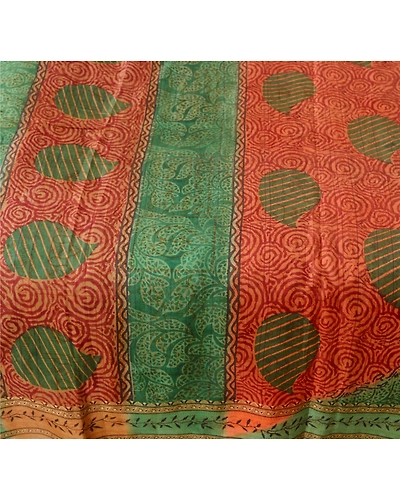 Sanskriti Vintage Green Sarees 100% Pure Silk Printed Sari Craft 5 Yard Fabric, PR-48504-Green-100% Pure Silk-3