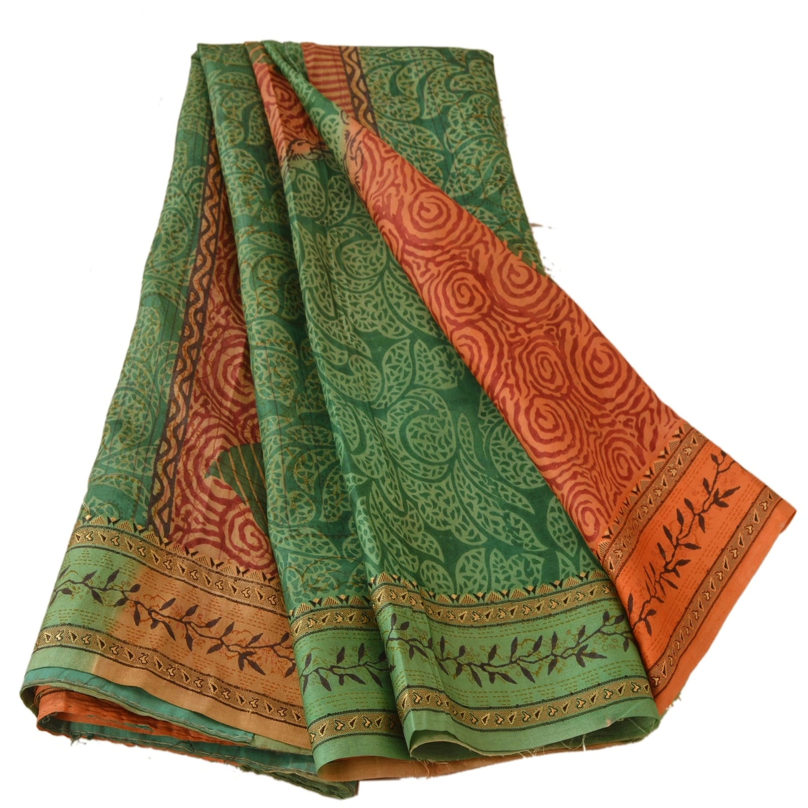 Sanskriti Vintage Green Sarees 100% Pure Silk Printed Sari Craft 5 Yard Fabric, PR-48504-Green-100% Pure Silk-5