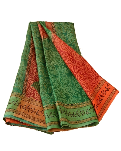 Sanskriti Vintage Green Sarees 100% Pure Silk Printed Sari Craft 5 Yard Fabric, PR-48504-Green-100% Pure Silk-5