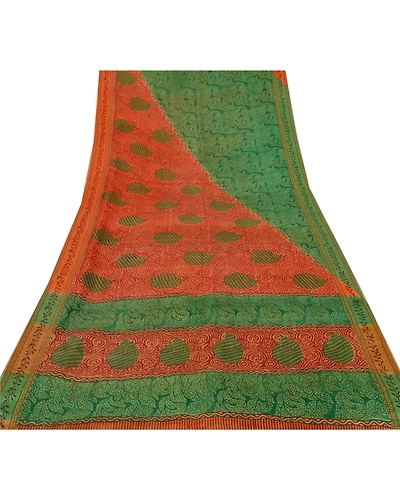 Sanskriti Vintage Green Sarees 100% Pure Silk Printed Sari Craft 5 Yard Fabric, PR-48504-Green-100% Pure Silk-6